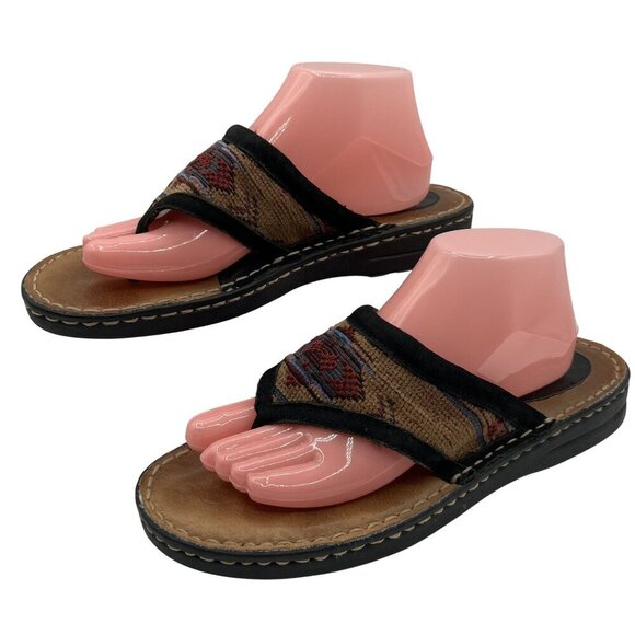 Minnetonka Womens 11 Aztec Leather Woven Thong Sandals Red Blue Boho Tribal - Picture 2 of 10